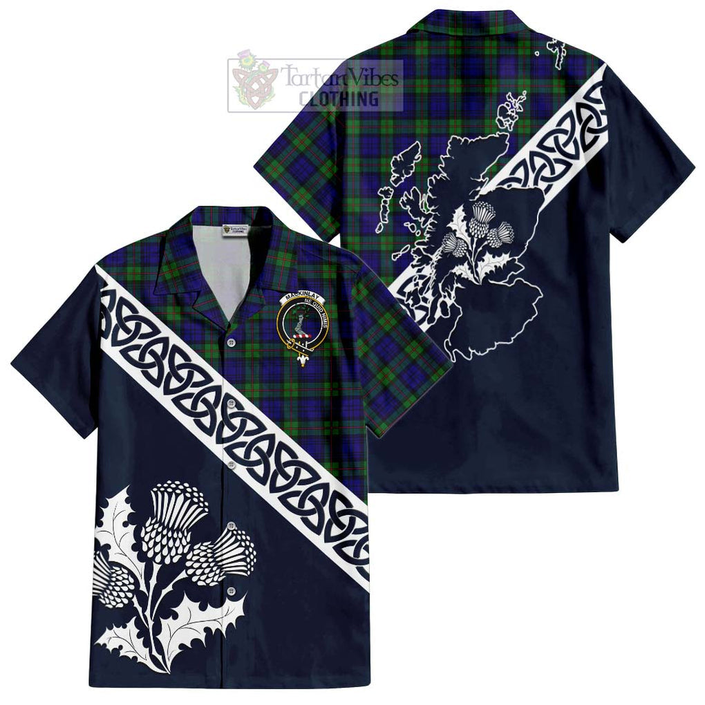 Tartan Vibes Clothing MacKinlay (McKinlay) Tartan Short Sleeve Button Shirt Featuring Thistle and Scotland Map