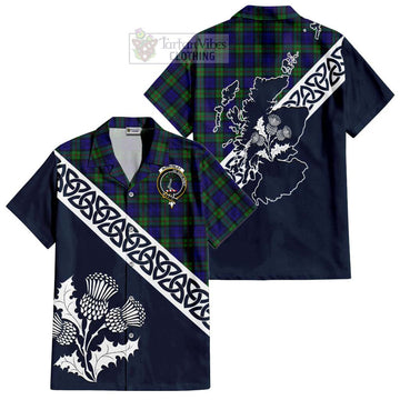Tartan Vibes Clothing MacKinlay (McKinlay) Tartan Short Sleeve Button Shirt Featuring Thistle and Scotland Map