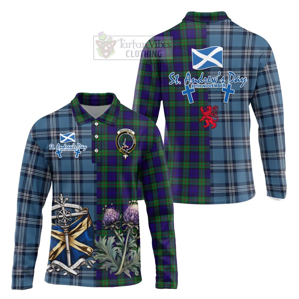 Tartan Vibes Clothing MacKinlay (McKinlay) Tartan Long Sleeve Polo Shirt Happy St. Andrew's Day Half Tartan Style