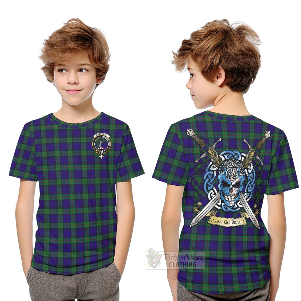 Tartan Vibes Clothing MacKinlay (McKinlay) Tartan Kid T-Shirt with Family Crest Celtic Skull Style