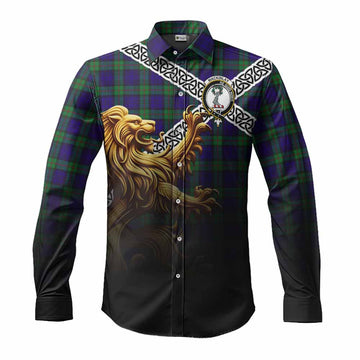 Tartan Vibes Clothing MacKinlay (McKinlay) Crest Tartan Long Sleeve Button Shirt with Golden Lion Emblem Celtic Style