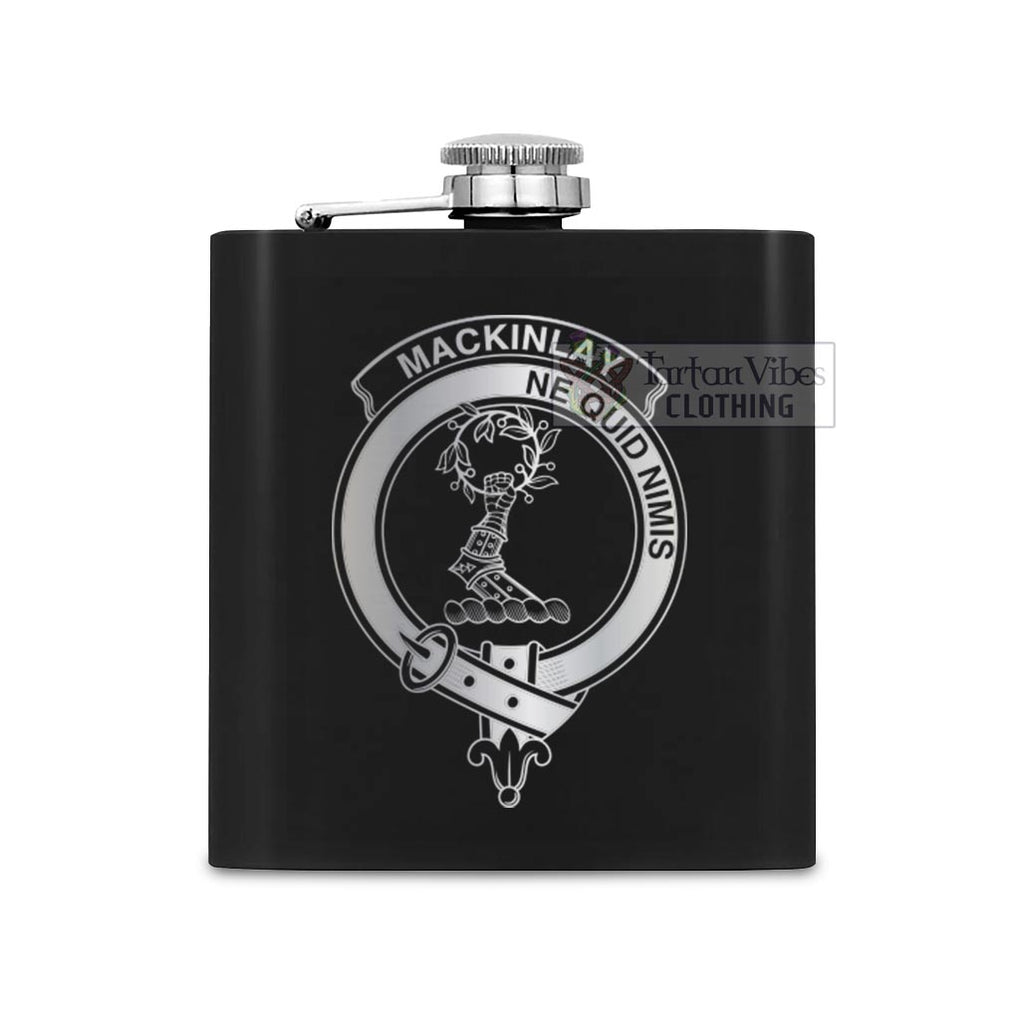 Tartan Vibes Clothing MacKinlay (McKinlay) Crest Hip Flask Set 7oz Black Stainless Steel with A Gift Box
