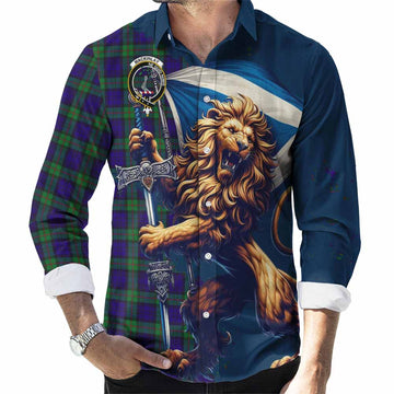 Tartan Vibes Clothing MacKinlay (McKinlay) Tartan Family Crest Long Sleeve Button Shirt with Scottish Majestic Lion
