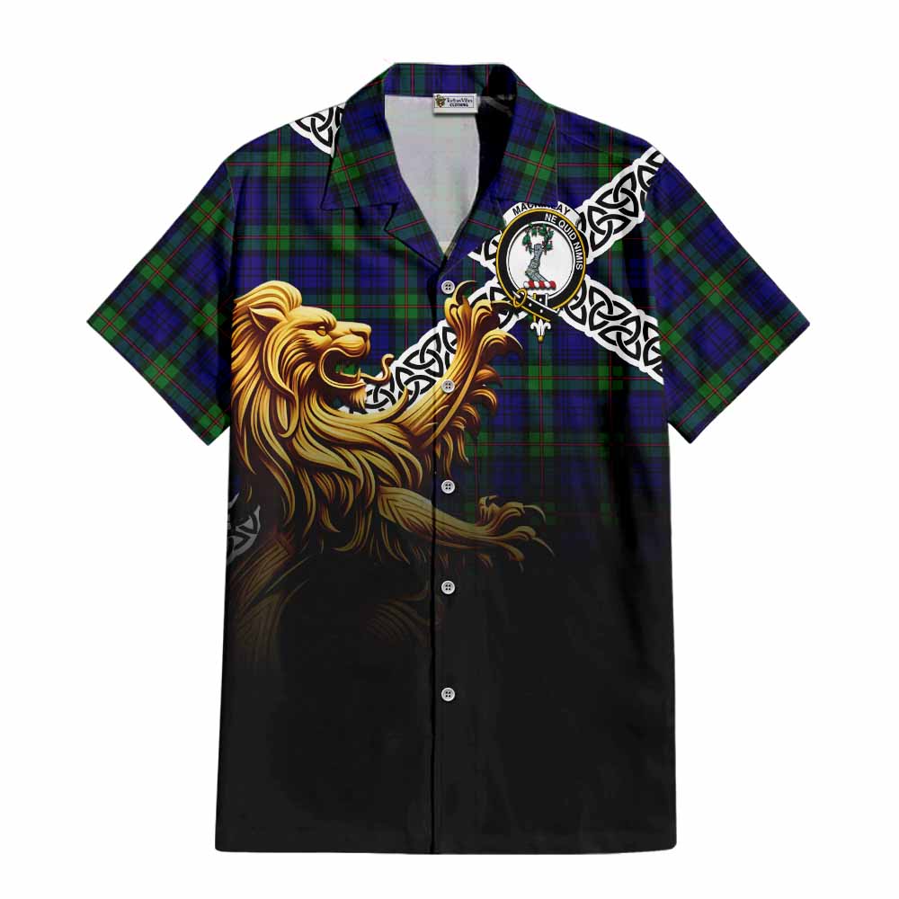 Tartan Vibes Clothing MacKinlay (McKinlay) Crest Tartan Short Sleeve Button Shirt with Golden Lion Emblem Celtic Style