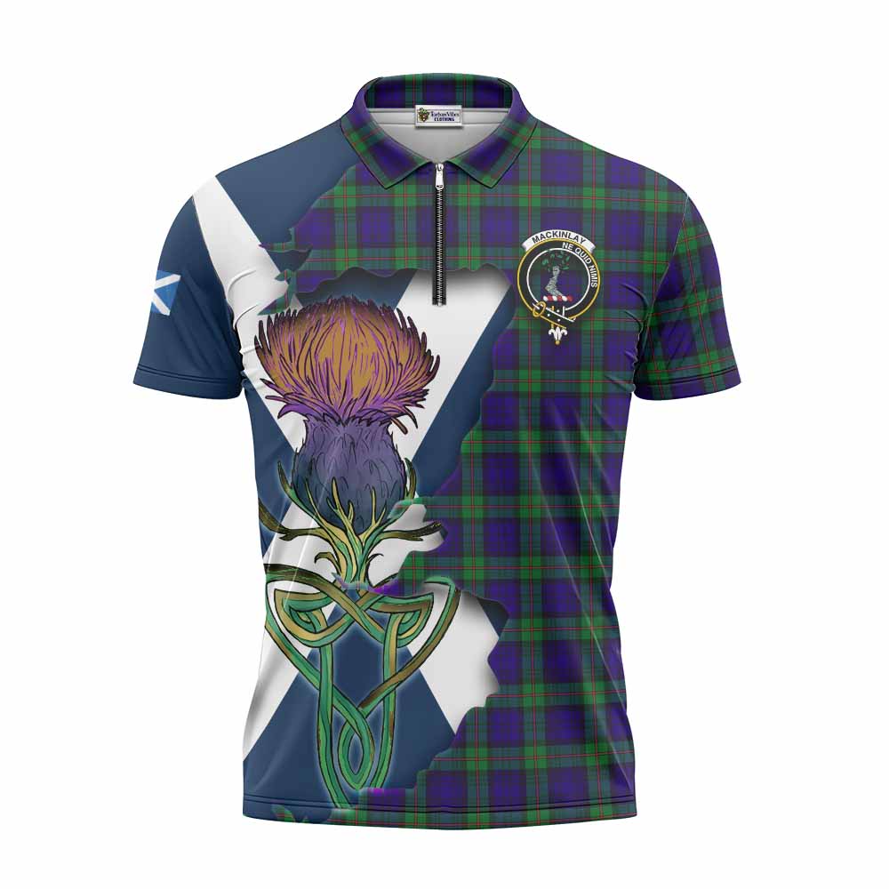 Tartan Vibes Clothing MacKinlay (McKinlay) Tartan Family Crest Zipper Polo Shirt Scottish Thistle Celtic Inspired