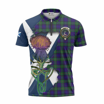 Tartan Vibes Clothing MacKinlay (McKinlay) Tartan Family Crest Zipper Polo Shirt Scottish Thistle Celtic Inspired