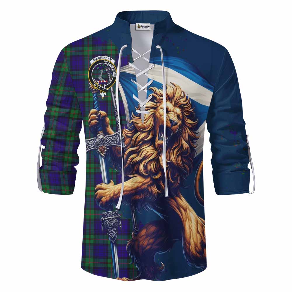 Tartan Vibes Clothing MacKinlay (McKinlay) Tartan Family Crest Ghillie Kilt Shirt with Scottish Majestic Lion