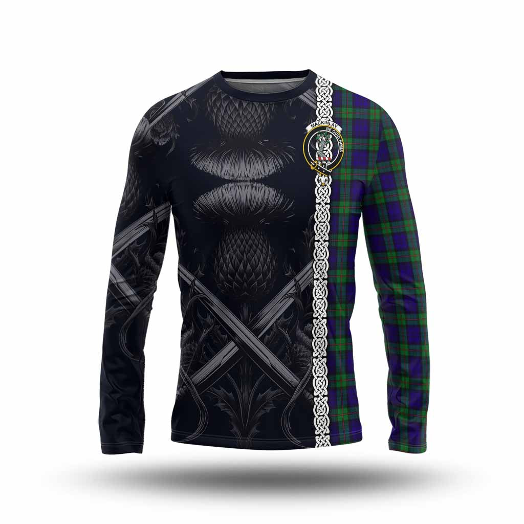 Tartan Vibes Clothing MacKinlay (McKinlay) Tartan Long Sleeve T-Shirt with Family Crest Cross Sword Thistle Celtic Vibes