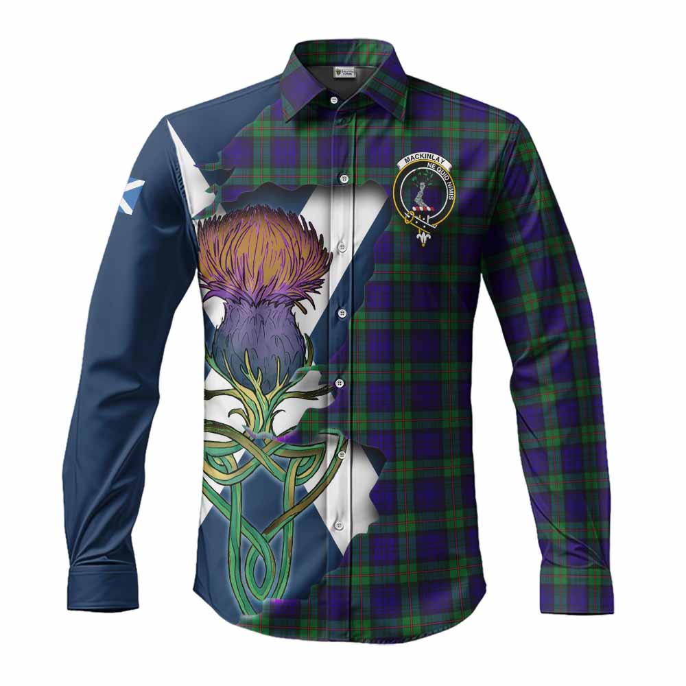 Tartan Vibes Clothing MacKinlay (McKinlay) Tartan Family Crest Long Sleeve Button Shirt Scottish Thistle Celtic Inspired