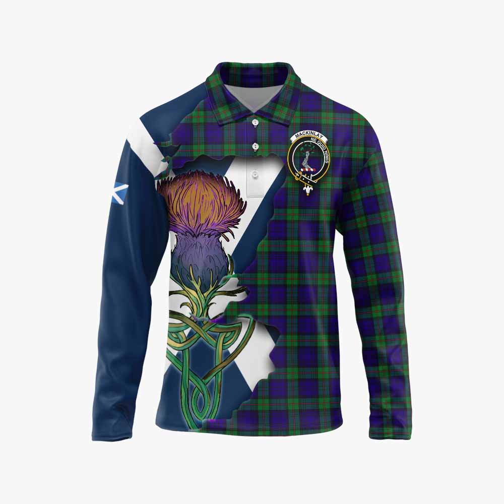 Tartan Vibes Clothing MacKinlay (McKinlay) Tartan Family Crest Long Sleeve Polo Shirt Scottish Thistle Celtic Inspired
