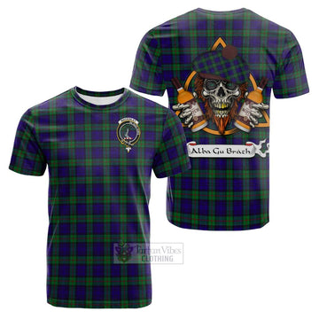 MacKinlay (McKinlay) Tartan Cotton T-shirt with Family Crest and Bearded Skull Holding Bottles of Whiskey