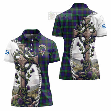 Tartan Vibes Clothing MacKinlay (McKinlay) Tartan Women's Polo Shirt with Family Crest and St. Andrew's Cross Accented by Thistle Vines