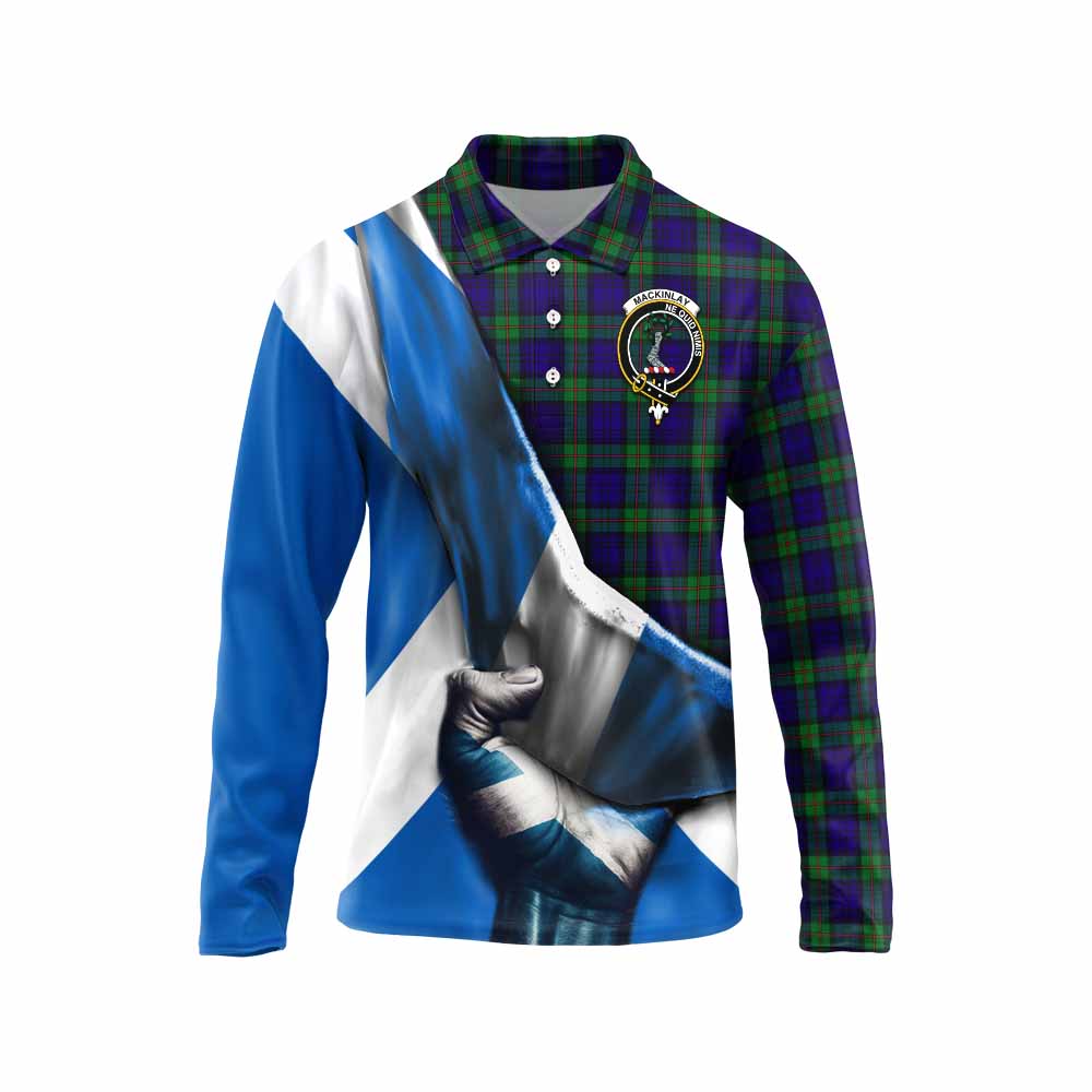 Tartan Vibes Clothing MacKinlay (McKinlay) Tartan Long Sleeve Polo Shirt with Family Crest Scotland Patriotic Style