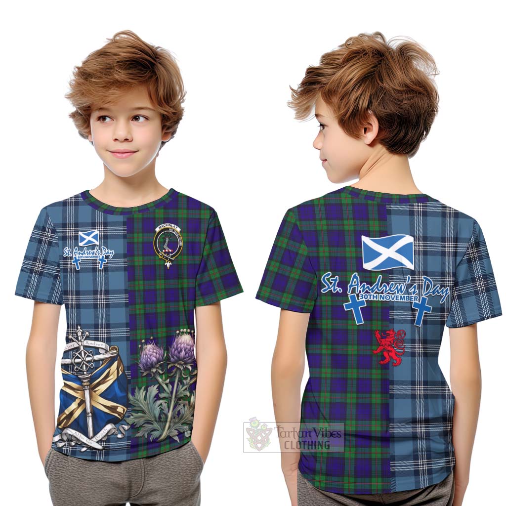 Tartan Vibes Clothing MacKinlay (McKinlay) Tartan Kid T-Shirt Happy St. Andrew's Day Half Tartan Style