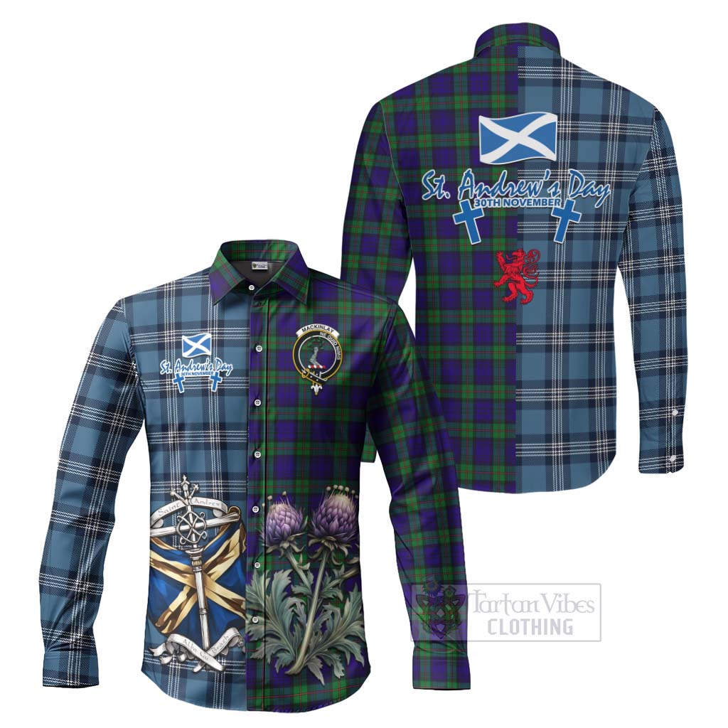 Tartan Vibes Clothing MacKinlay (McKinlay) Tartan Long Sleeve Button Shirt Happy St. Andrew's Day Half Tartan Style