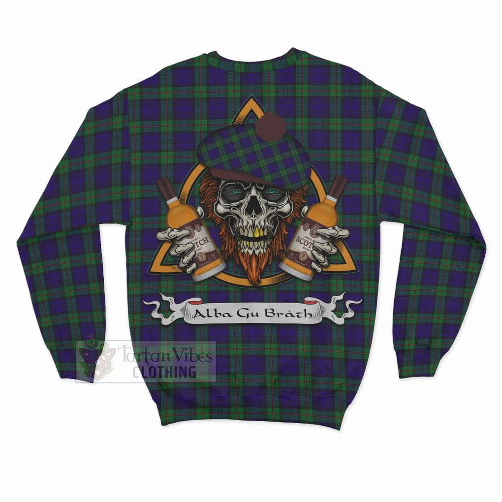 Tartan Vibes Clothing MacKinlay (McKinlay) Tartan Sweatshirt with Family Crest and Bearded Skull Holding Bottles of Whiskey