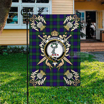 MacKinlay (McKinlay) Tartan Garden Flag with Family Crest and Golden Thistle Crossed Sword Design