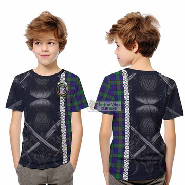 Tartan Vibes Clothing MacKinlay (McKinlay) Tartan Kid T-Shirt with Family Crest Cross Sword Thistle Celtic Vibes