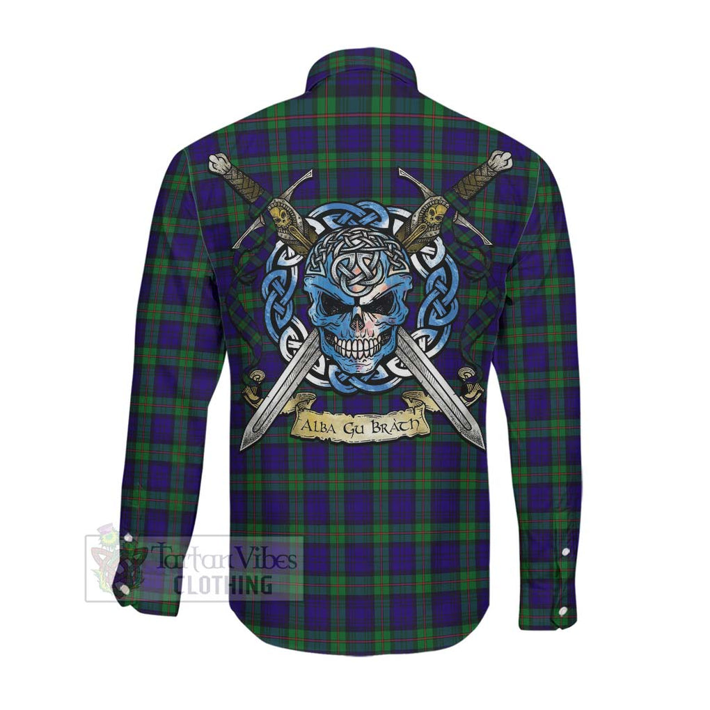 Tartan Vibes Clothing MacKinlay (McKinlay) Tartan Long Sleeve Button Shirt with Family Crest Celtic Skull Style