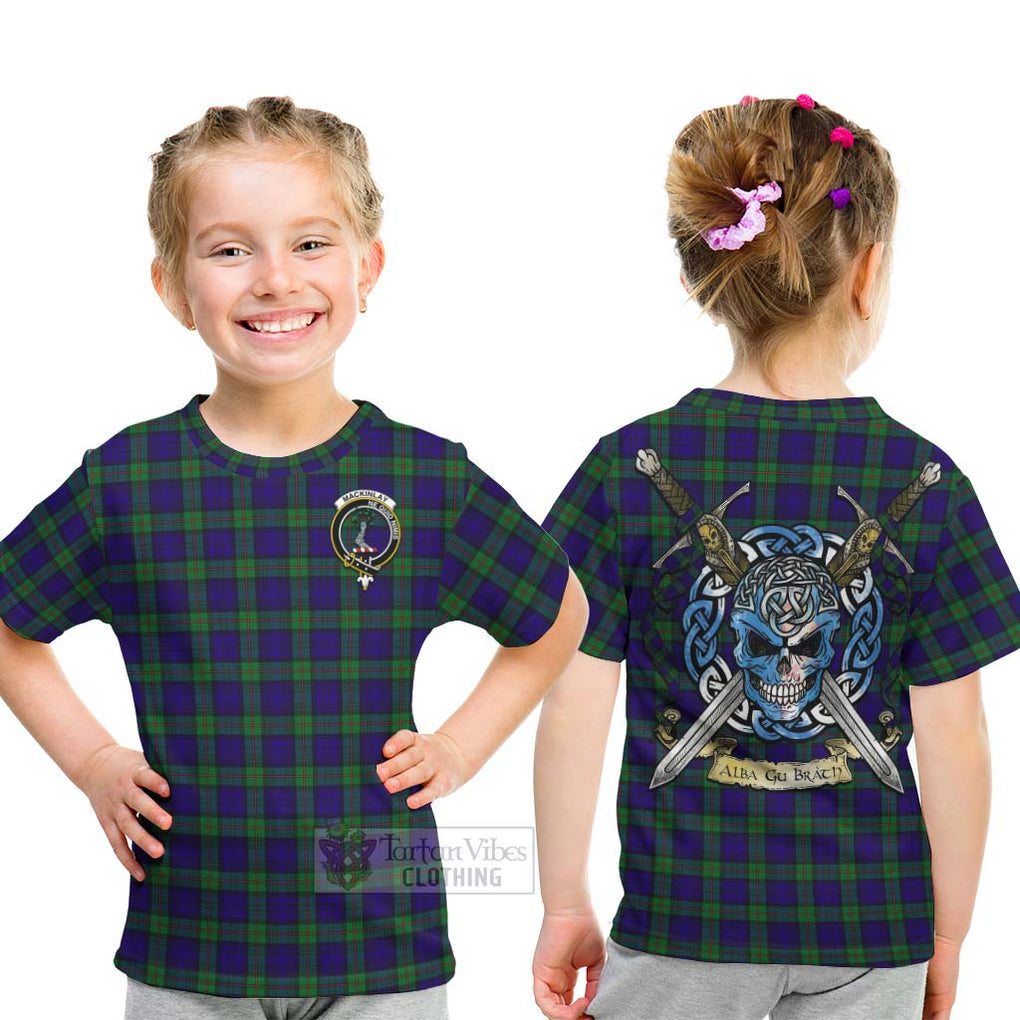 Tartan Vibes Clothing MacKinlay (McKinlay) Tartan Kid T-Shirt with Family Crest Celtic Skull Style