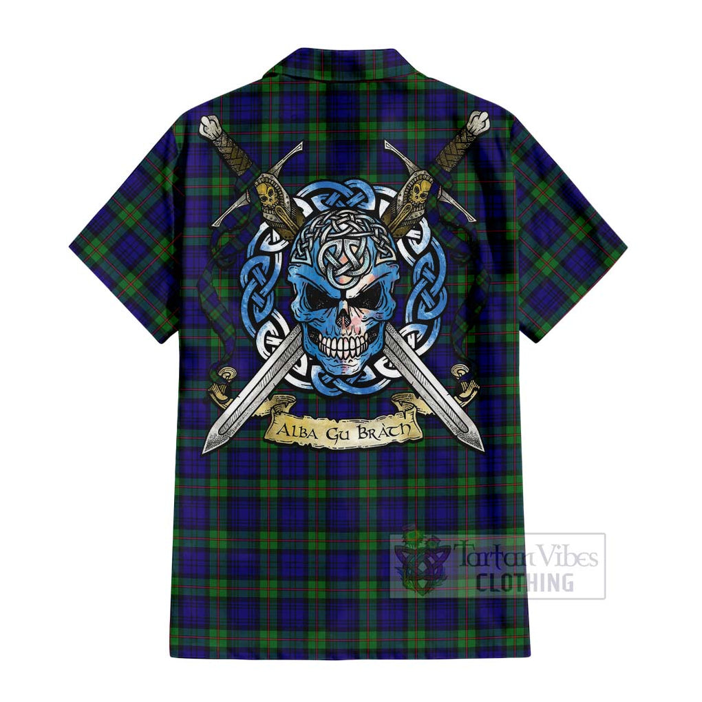 Tartan Vibes Clothing MacKinlay (McKinlay) Tartan Short Sleeve Button Shirt with Family Crest Celtic Skull Style
