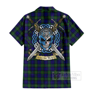 Tartan Vibes Clothing MacKinlay (McKinlay) Tartan Short Sleeve Button Shirt with Family Crest Celtic Skull Style