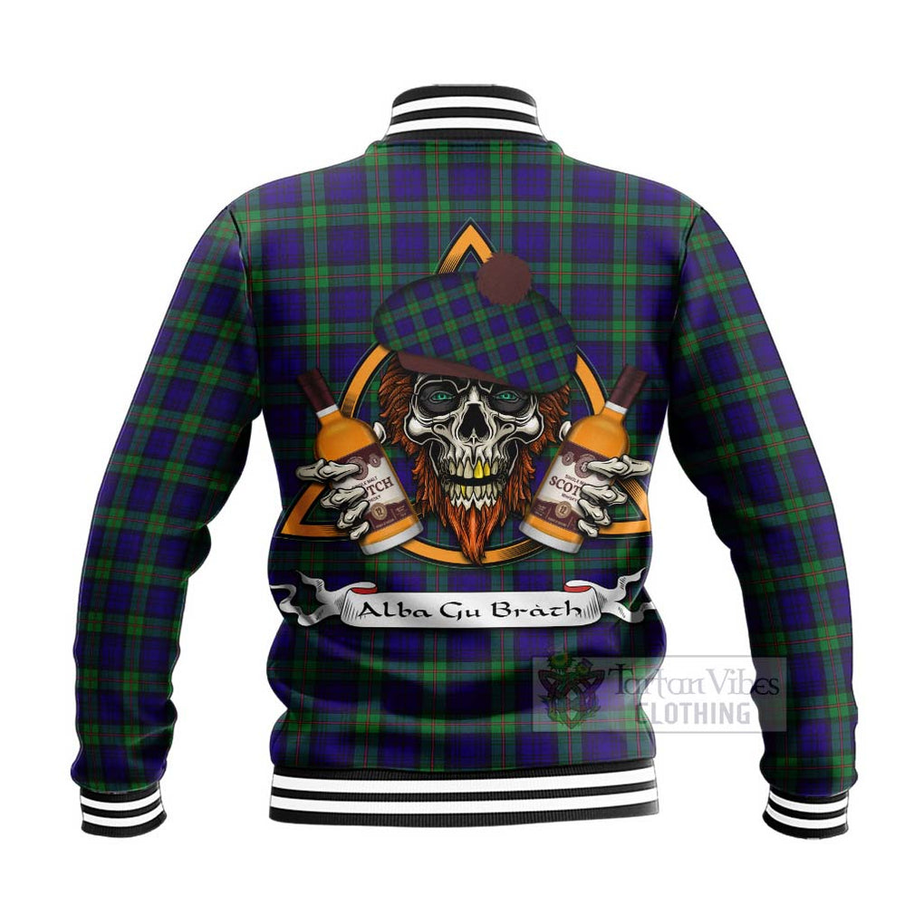Tartan Vibes Clothing MacKinlay (McKinlay) Tartan Baseball Jacket with Family Crest and Bearded Skull Holding Bottles of Whiskey