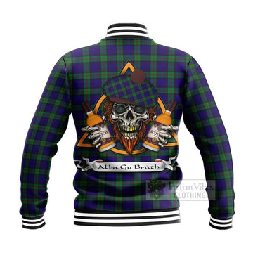 Tartan Vibes Clothing MacKinlay (McKinlay) Tartan Baseball Jacket with Family Crest and Bearded Skull Holding Bottles of Whiskey