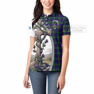 Tartan Vibes Clothing MacKinlay (McKinlay) Tartan Women's Polo Shirt with Family Crest and St. Andrew's Cross Accented by Thistle Vines