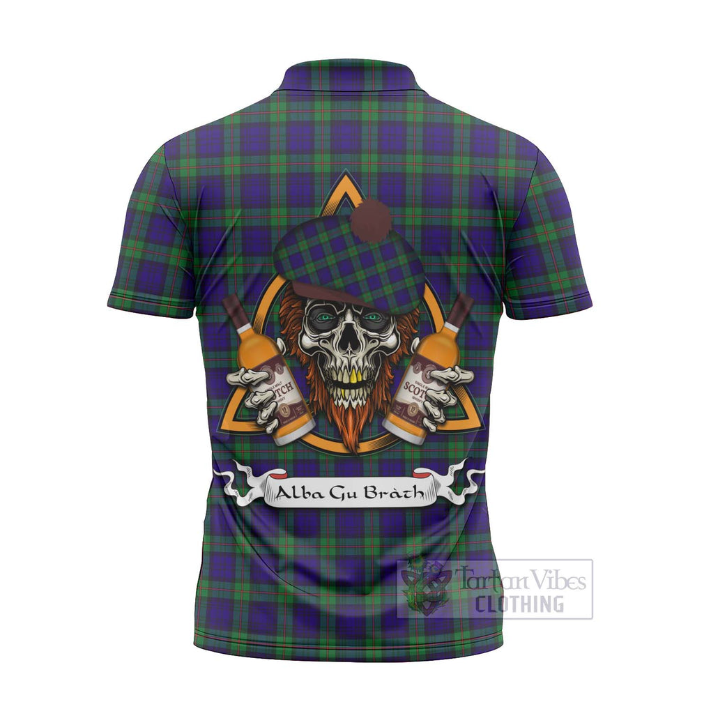Tartan Vibes Clothing MacKinlay (McKinlay) Tartan Zipper Polo Shirt with Family Crest and Bearded Skull Holding Bottles of Whiskey