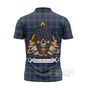 Tartan Vibes Clothing MacKinlay (McKinlay) Tartan Zipper Polo Shirt with Family Crest and Bearded Skull Holding Bottles of Whiskey