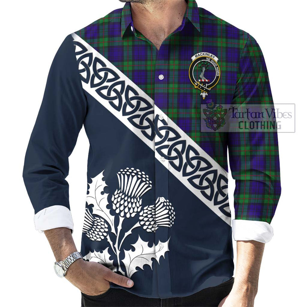 Tartan Vibes Clothing MacKinlay (McKinlay) Tartan Long Sleeve Button Shirt Featuring Thistle and Scotland Map