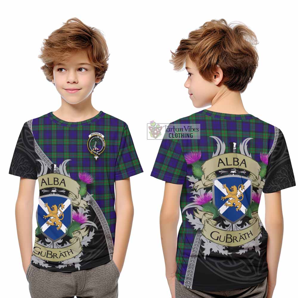 Tartan Vibes Clothing MacKinlay (McKinlay) Tartan Family Crest Kid T-Shirt Lion Rampant Royal Thistle Shield Celtic Inspired