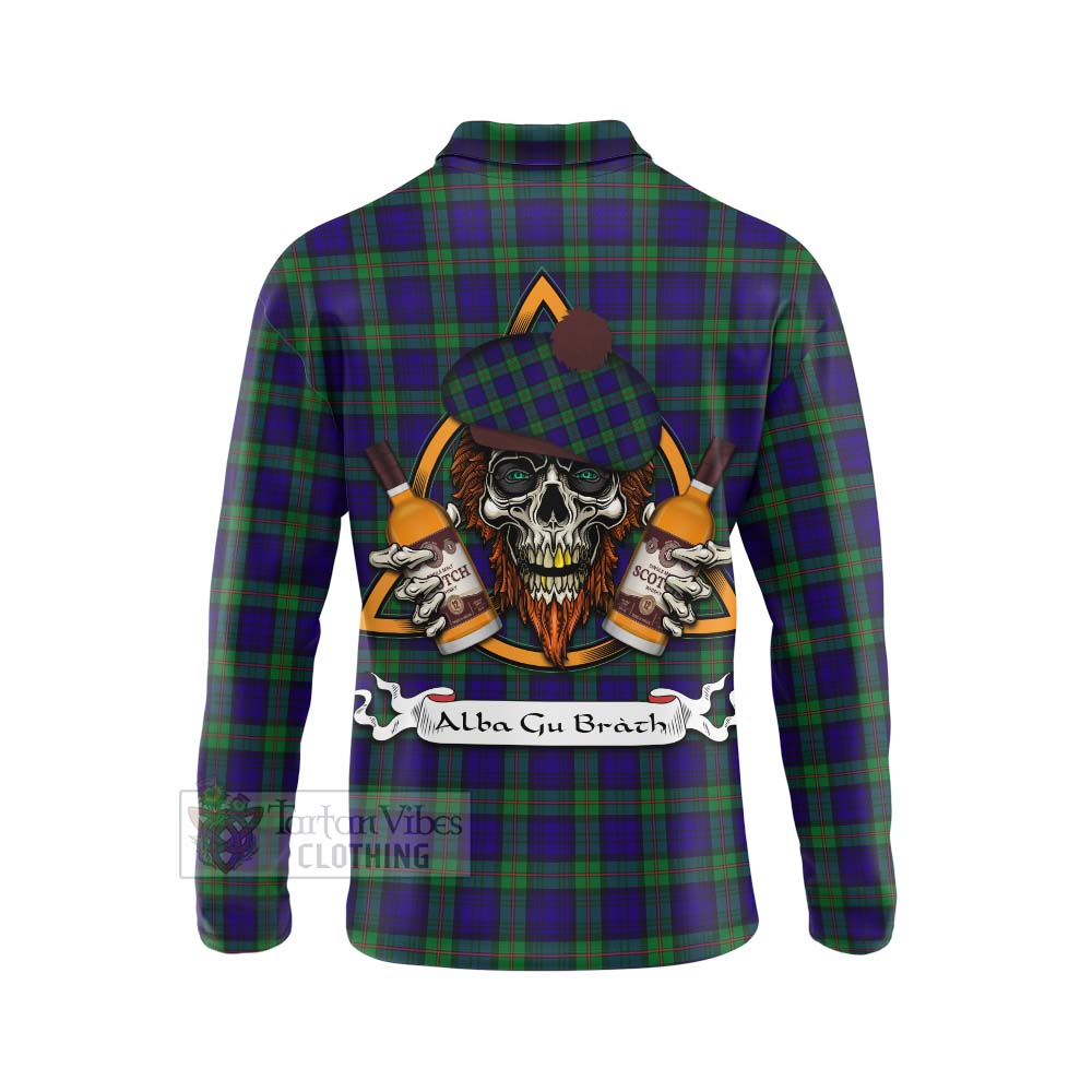 Tartan Vibes Clothing MacKinlay (McKinlay) Tartan Long Sleeve Polo Shirt with Family Crest and Bearded Skull Holding Bottles of Whiskey