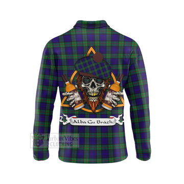 Tartan Vibes Clothing MacKinlay (McKinlay) Tartan Long Sleeve Polo Shirt with Family Crest and Bearded Skull Holding Bottles of Whiskey