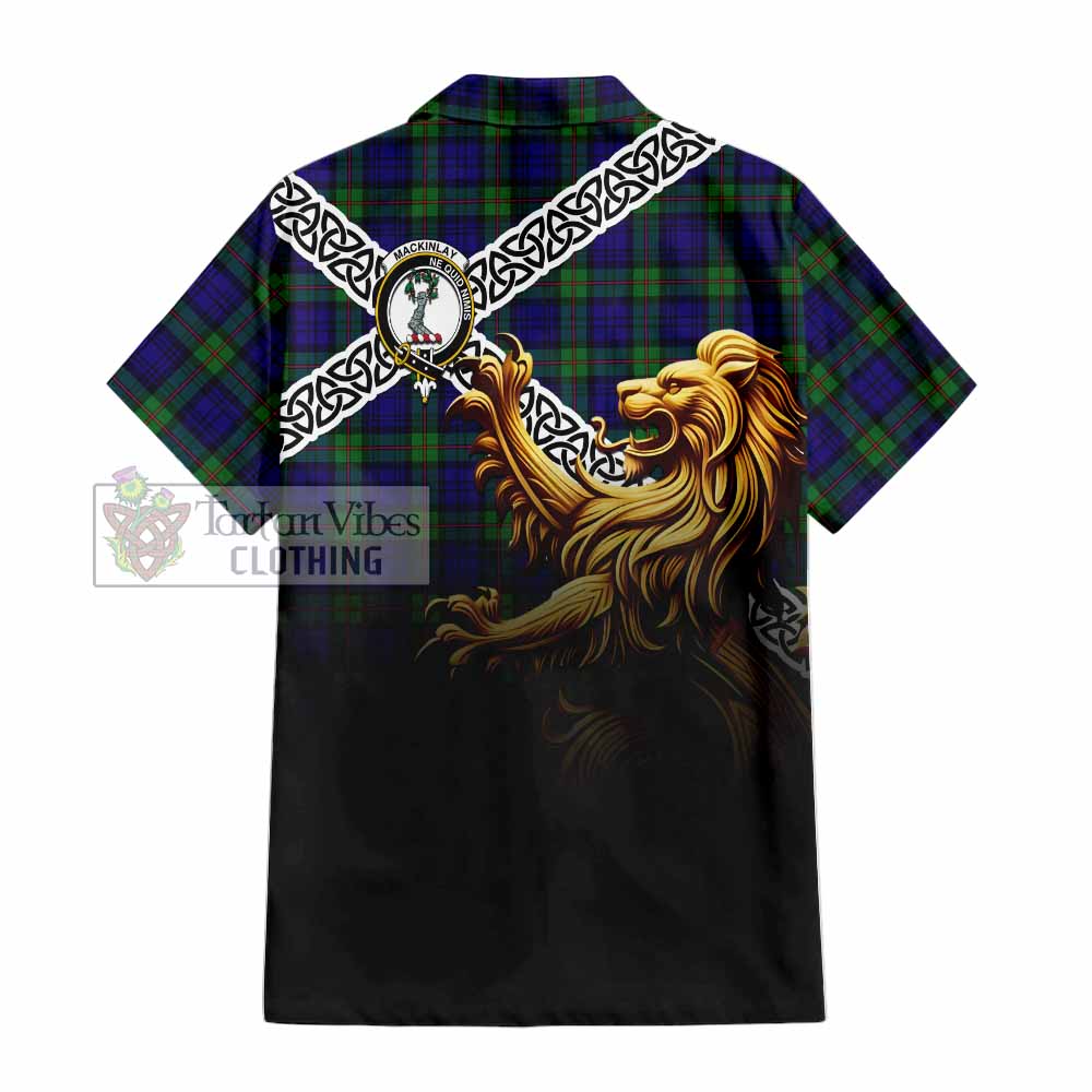 Tartan Vibes Clothing MacKinlay (McKinlay) Crest Tartan Short Sleeve Button Shirt with Golden Lion Emblem Celtic Style