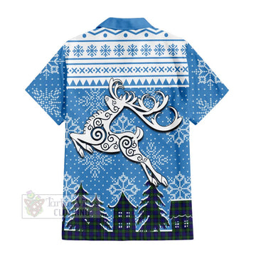 Tartan Vibes Clothing MacKinlay (McKinlay) Clan Christmas Short Sleeve Button Shirt Celtic Reindeer Style