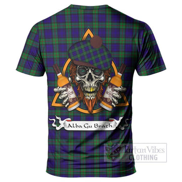 Tartan Vibes Clothing MacKinlay (McKinlay) Tartan T-Shirt with Family Crest and Bearded Skull Holding Bottles of Whiskey