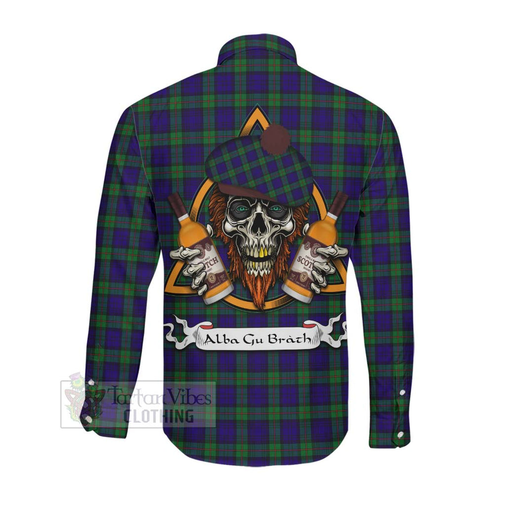 Tartan Vibes Clothing MacKinlay (McKinlay) Tartan Long Sleeve Button Shirt with Family Crest and Bearded Skull Holding Bottles of Whiskey
