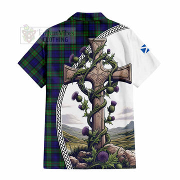 Tartan Vibes Clothing MacKinlay (McKinlay) Tartan Short Sleeve Button Shirt with Family Crest and St. Andrew's Cross Accented by Thistle Vines