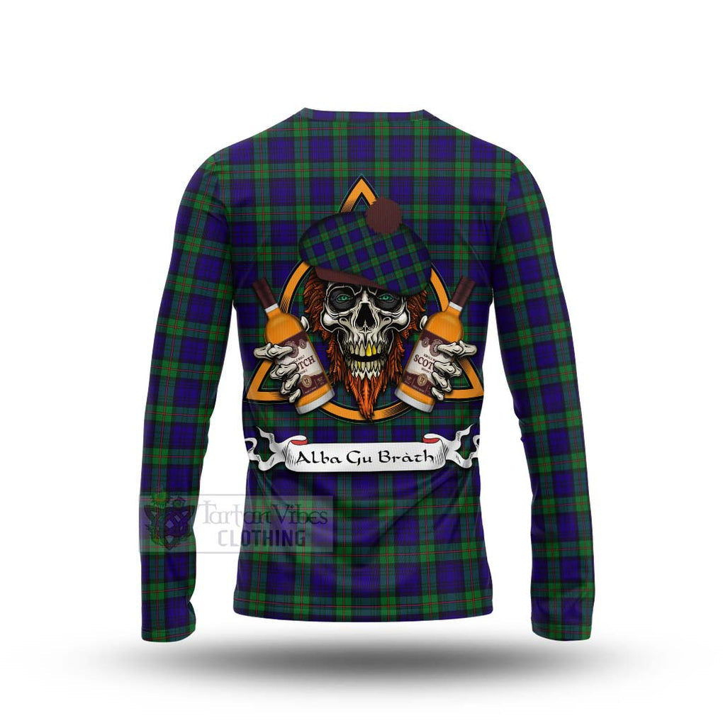 Tartan Vibes Clothing MacKinlay (McKinlay) Tartan Long Sleeve T-Shirt with Family Crest and Bearded Skull Holding Bottles of Whiskey