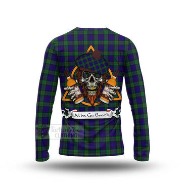 Tartan Vibes Clothing MacKinlay (McKinlay) Tartan Long Sleeve T-Shirt with Family Crest and Bearded Skull Holding Bottles of Whiskey