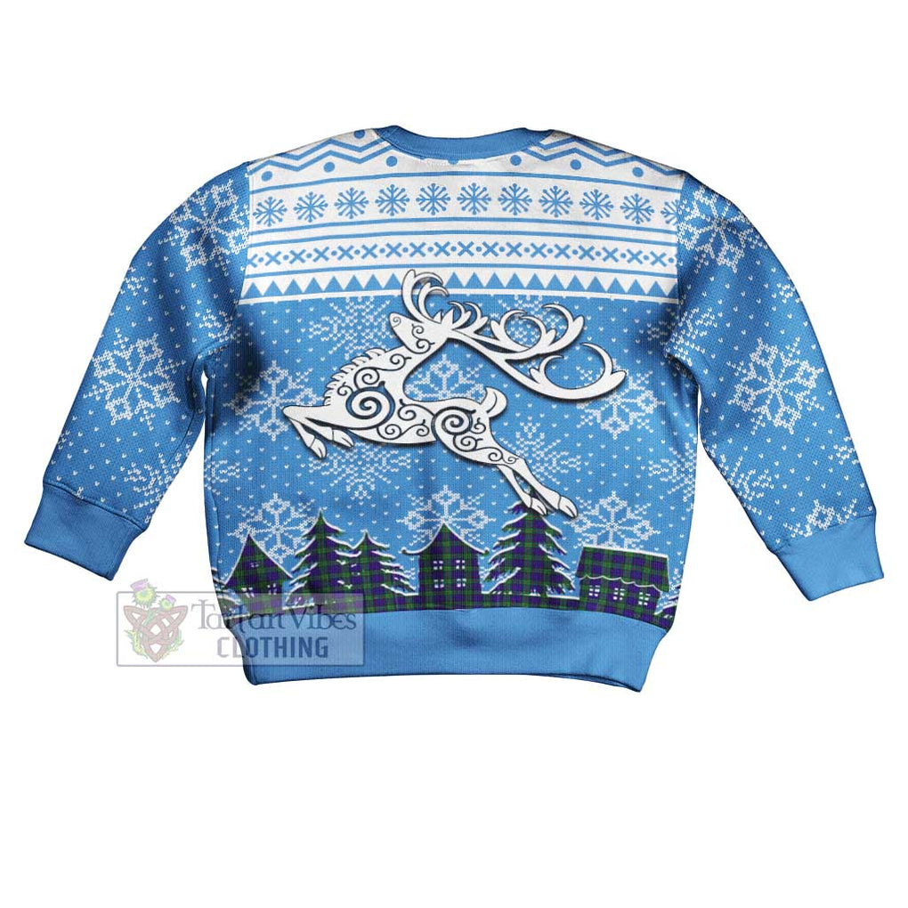 Tartan Vibes Clothing MacKinlay (McKinlay) Clan Christmas Kid Ugly Sweater with Tartan and Celtic Raindeer Style
