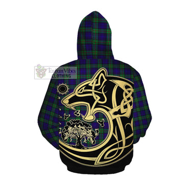 Tartan Vibes Clothing MacKinlay (McKinlay) Tartan Cotton Hoodie with Family Crest Celtic Wolf Style