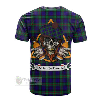 MacKinlay (McKinlay) Tartan Cotton T-shirt with Family Crest and Bearded Skull Holding Bottles of Whiskey