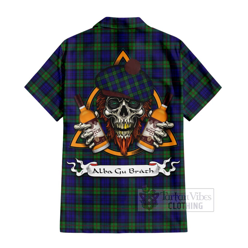 Tartan Vibes Clothing MacKinlay (McKinlay) Tartan Short Sleeve Button Shirt with Family Crest and Bearded Skull Holding Bottles of Whiskey