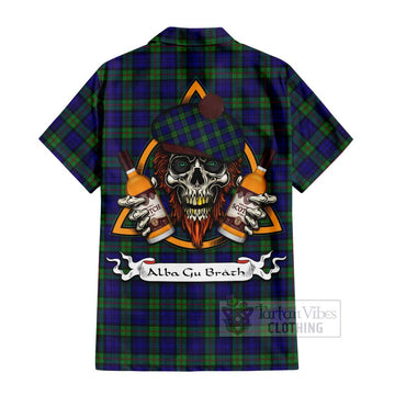 Tartan Vibes Clothing MacKinlay (McKinlay) Tartan Short Sleeve Button Shirt with Family Crest and Bearded Skull Holding Bottles of Whiskey