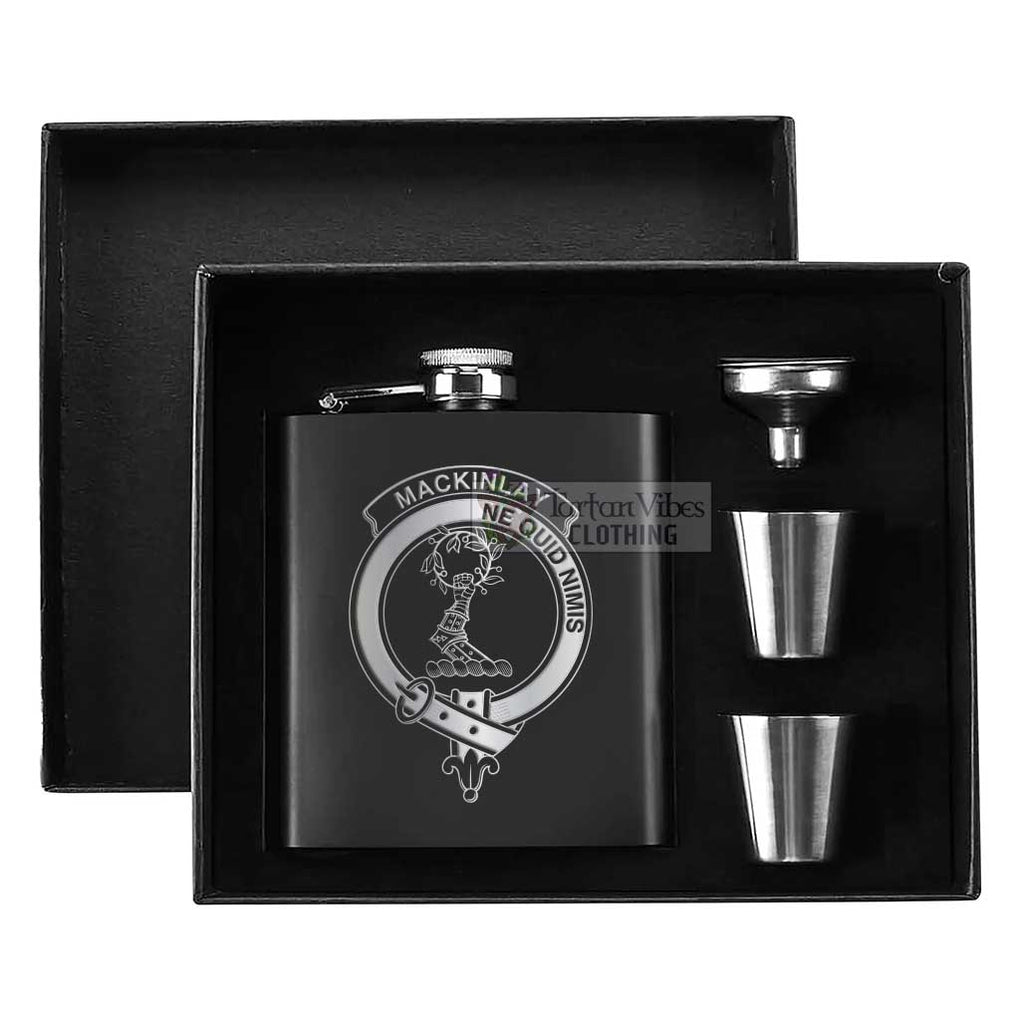 Tartan Vibes Clothing MacKinlay (McKinlay) Crest Hip Flask Set 7oz Black Stainless Steel with A Gift Box