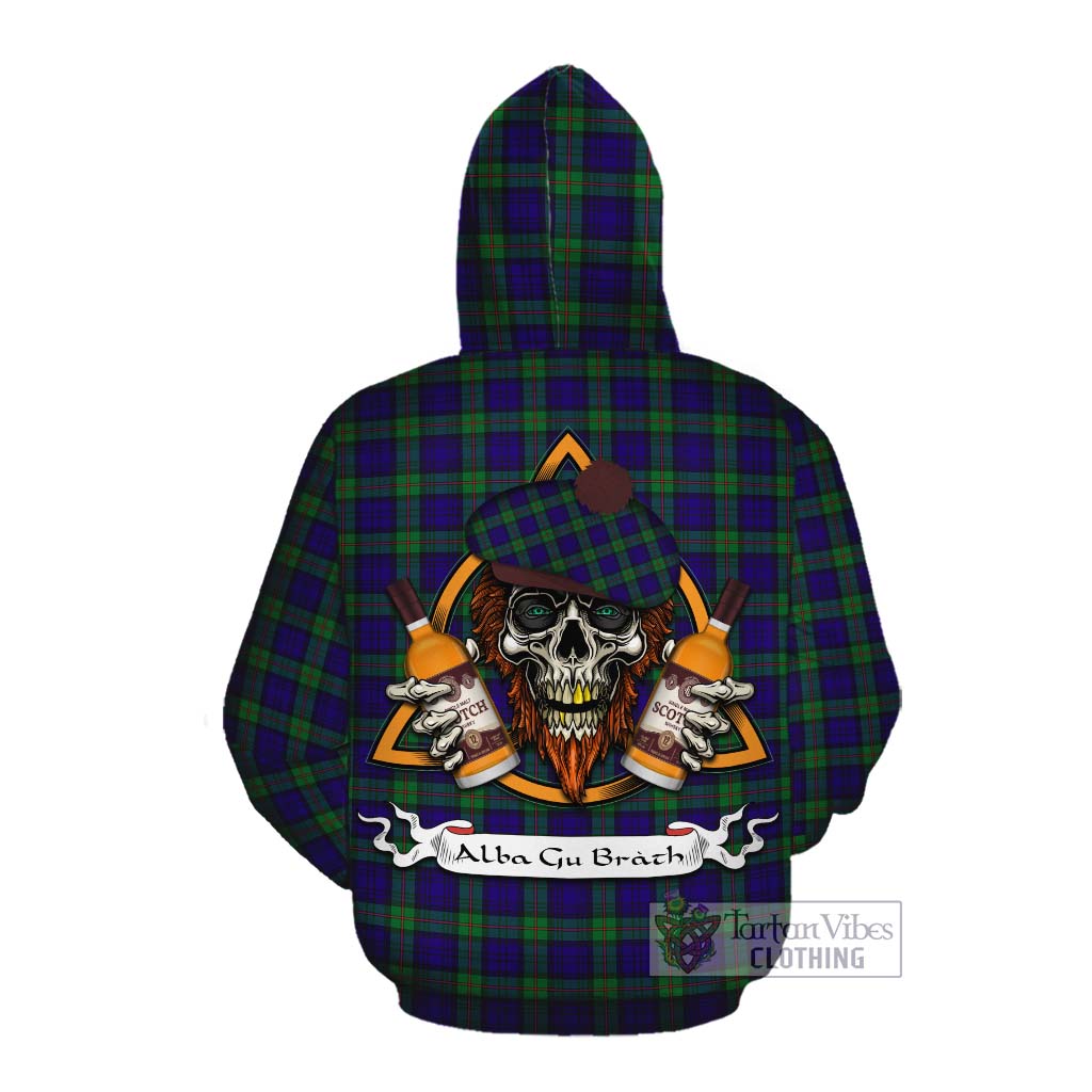 Tartan Vibes Clothing MacKinlay (McKinlay) Tartan Cotton Hoodie with Family Crest and Bearded Skull Holding Bottles of Whiskey