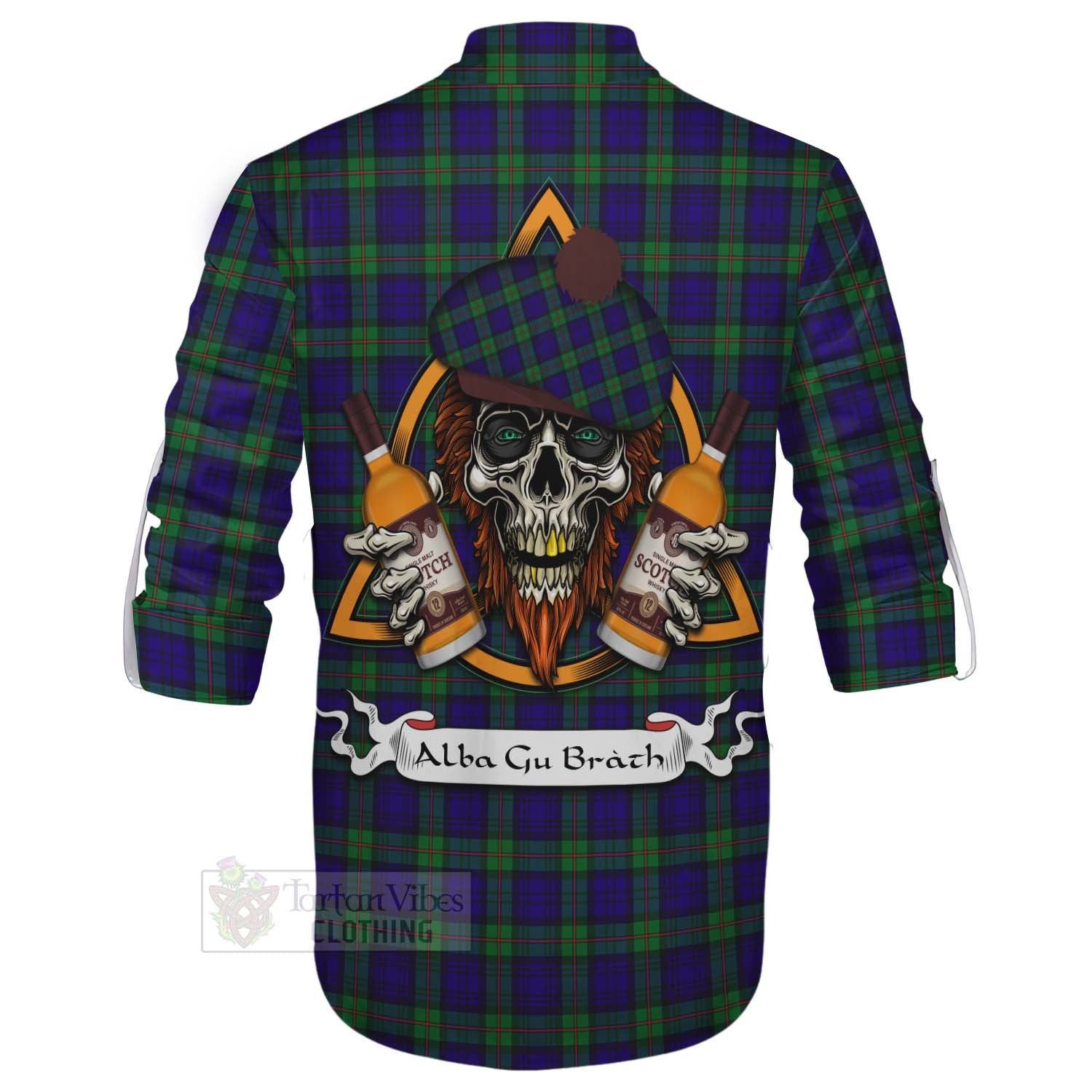 Tartan Vibes Clothing MacKinlay (McKinlay) Tartan Ghillie Kilt Shirt with Family Crest and Bearded Skull Holding Bottles of Whiskey